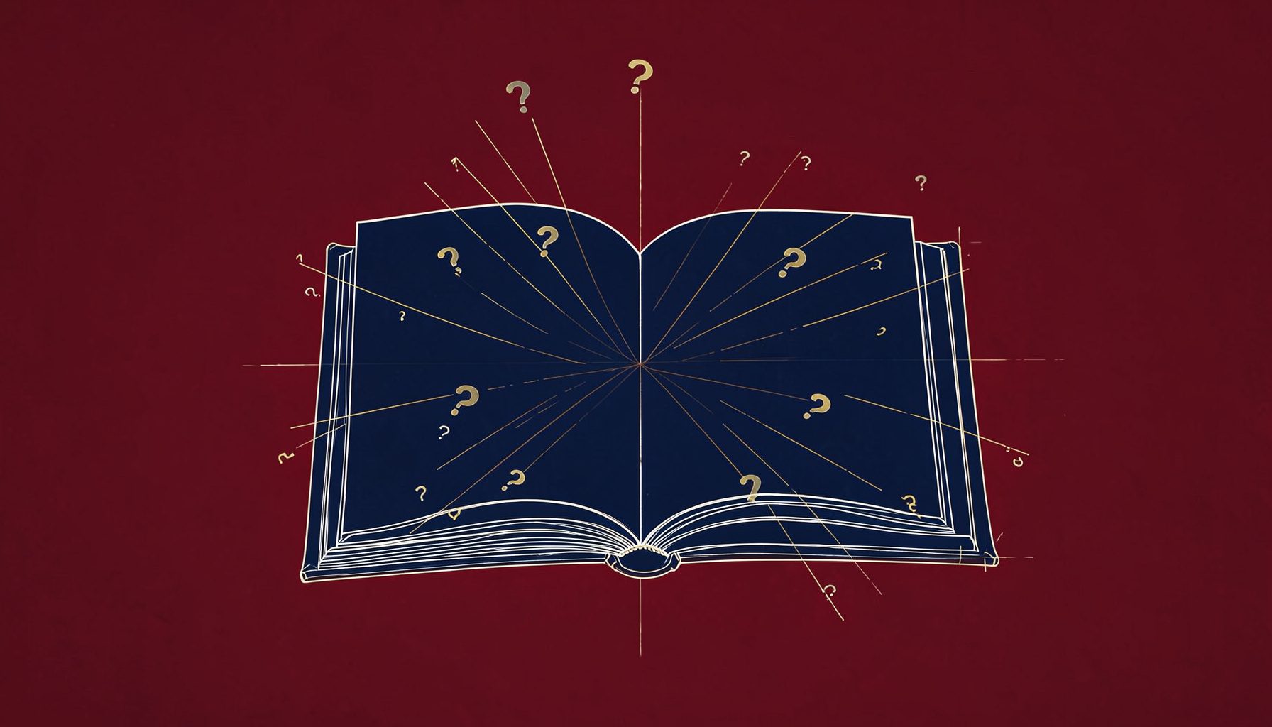 A technical blueprint-style drawing in deep navy blue and muted gold, depicting an open reference book with question-mark symbols, conveying inquiry and curated knowledge.
