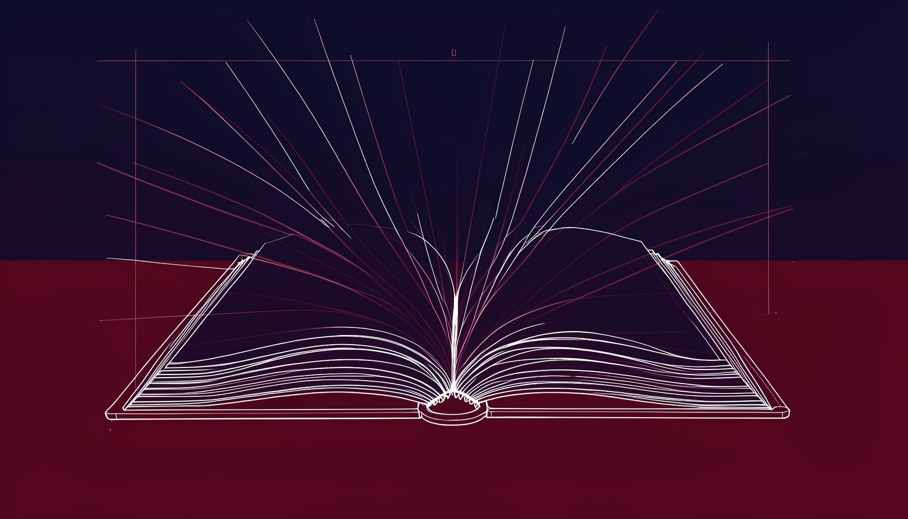 Technical blueprint drawing in deep navy and muted crimson tones of an open book with rays of light spreading outward across a dark background
