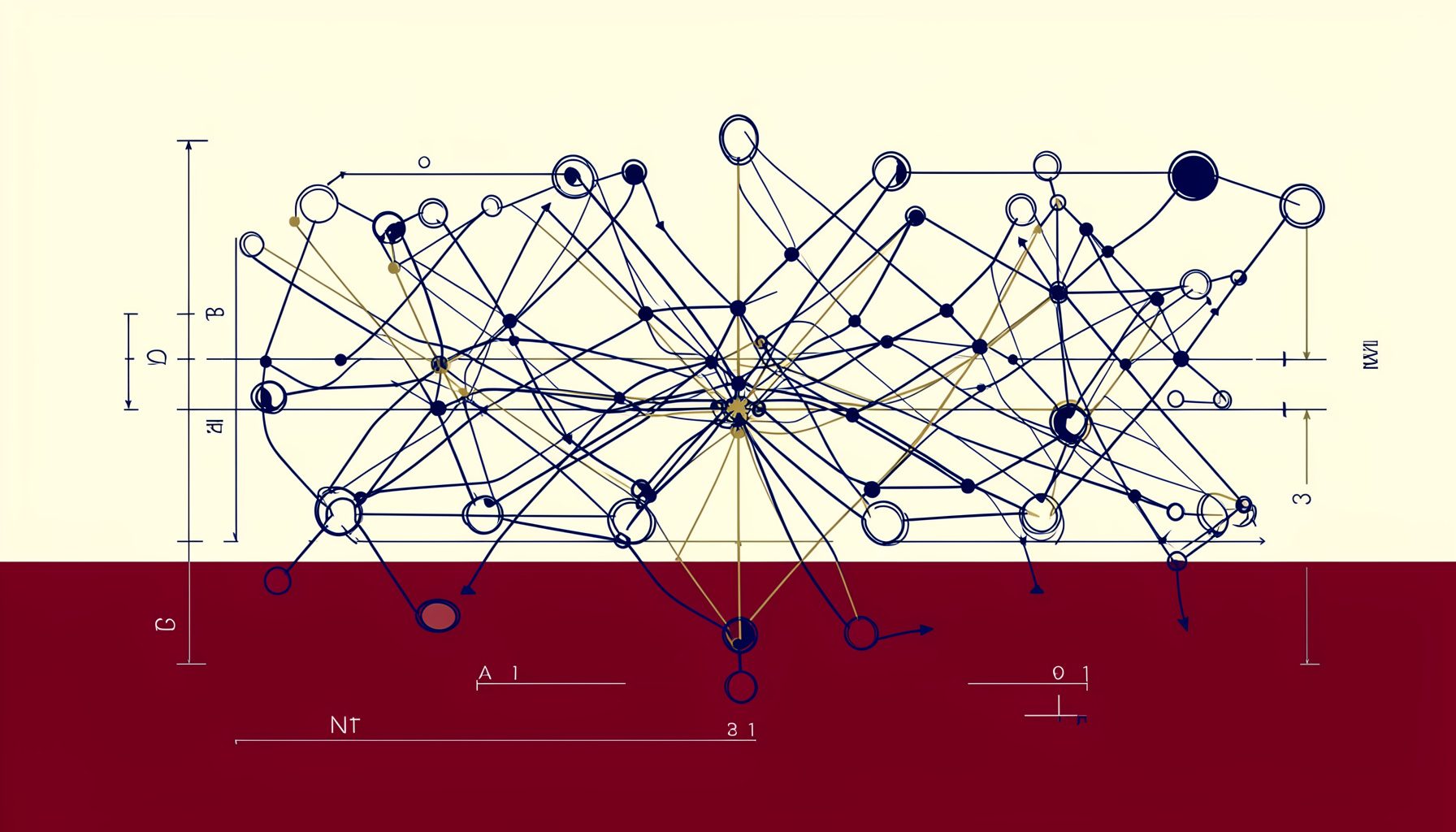 Technical blueprint drawing of interconnected network nodes linked by flowing lines, rendered in deep navy blue and muted amber tones against a dark background