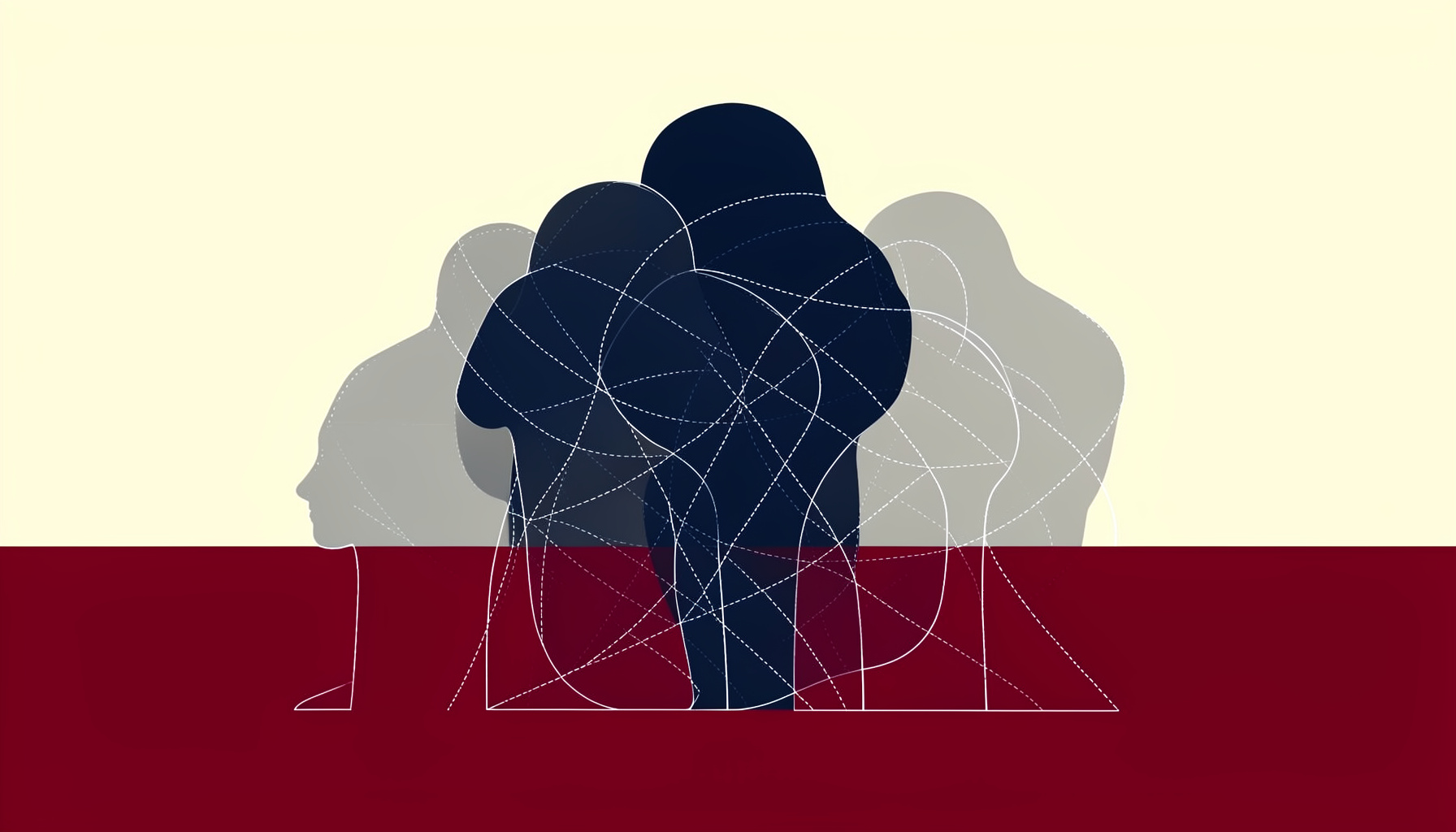 A technical blueprint drawing of overlapping human silhouettes connected by thin dotted lines, rendered in deep navy, charcoal, and amber tones against a dark background
