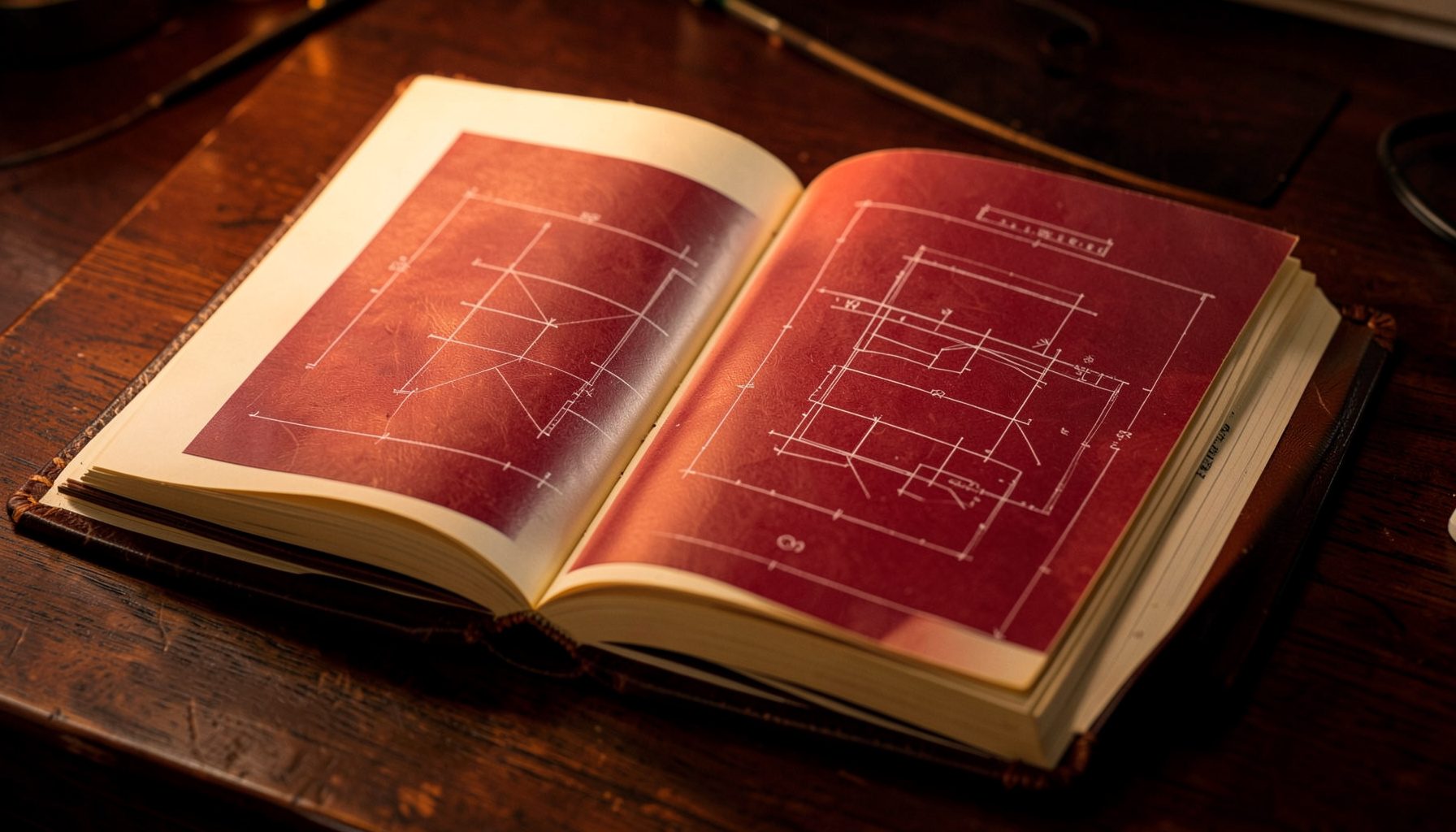 An open leather-bound book resting on a dark wooden desk, warm amber light falling across cream-colored pages, deep brown shadows pooling around the spine.