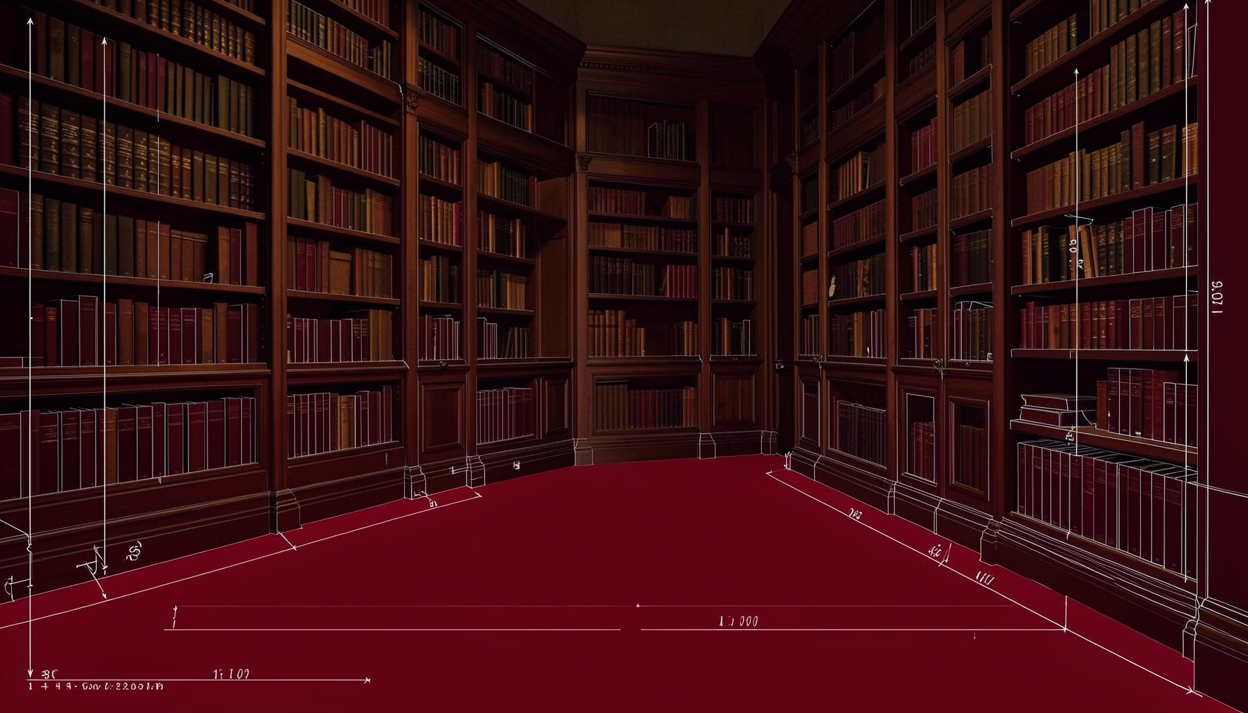 A quiet library reading room with tall dark-wood bookshelves lining the walls, warm amber light casting soft shadows, and rows of bound volumes stretching into the distance.