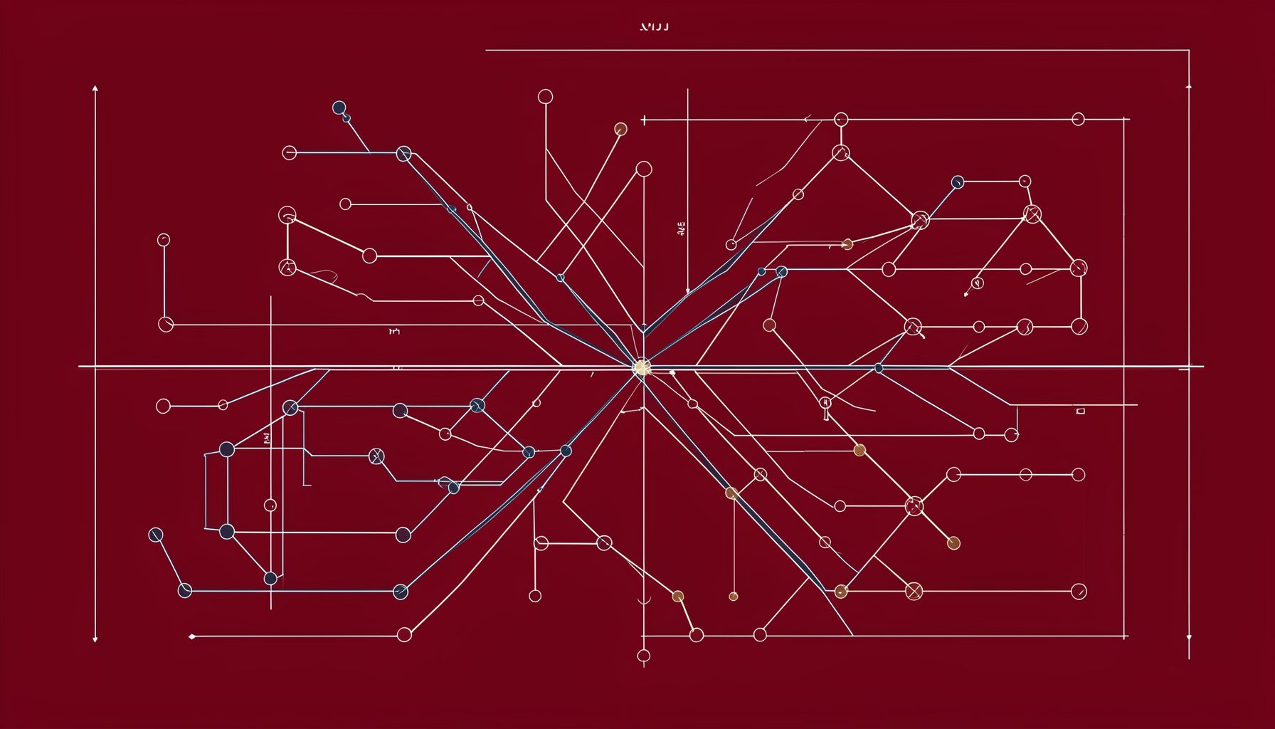 A technical blueprint drawing of interconnected nodes and branching pathways in muted navy blue and warm parchment tones