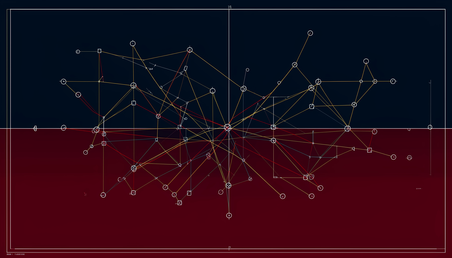 Technical blueprint drawing of interconnected network nodes and pathways on a dark navy background, with muted gold and amber lines tracing connections across a deep indigo field